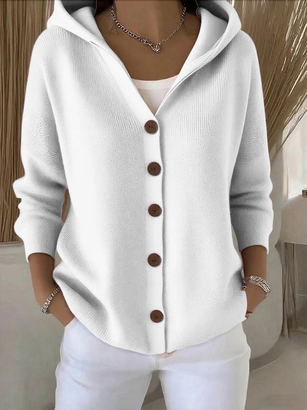 Darienne Hooded Button-Up Knit Cardigan