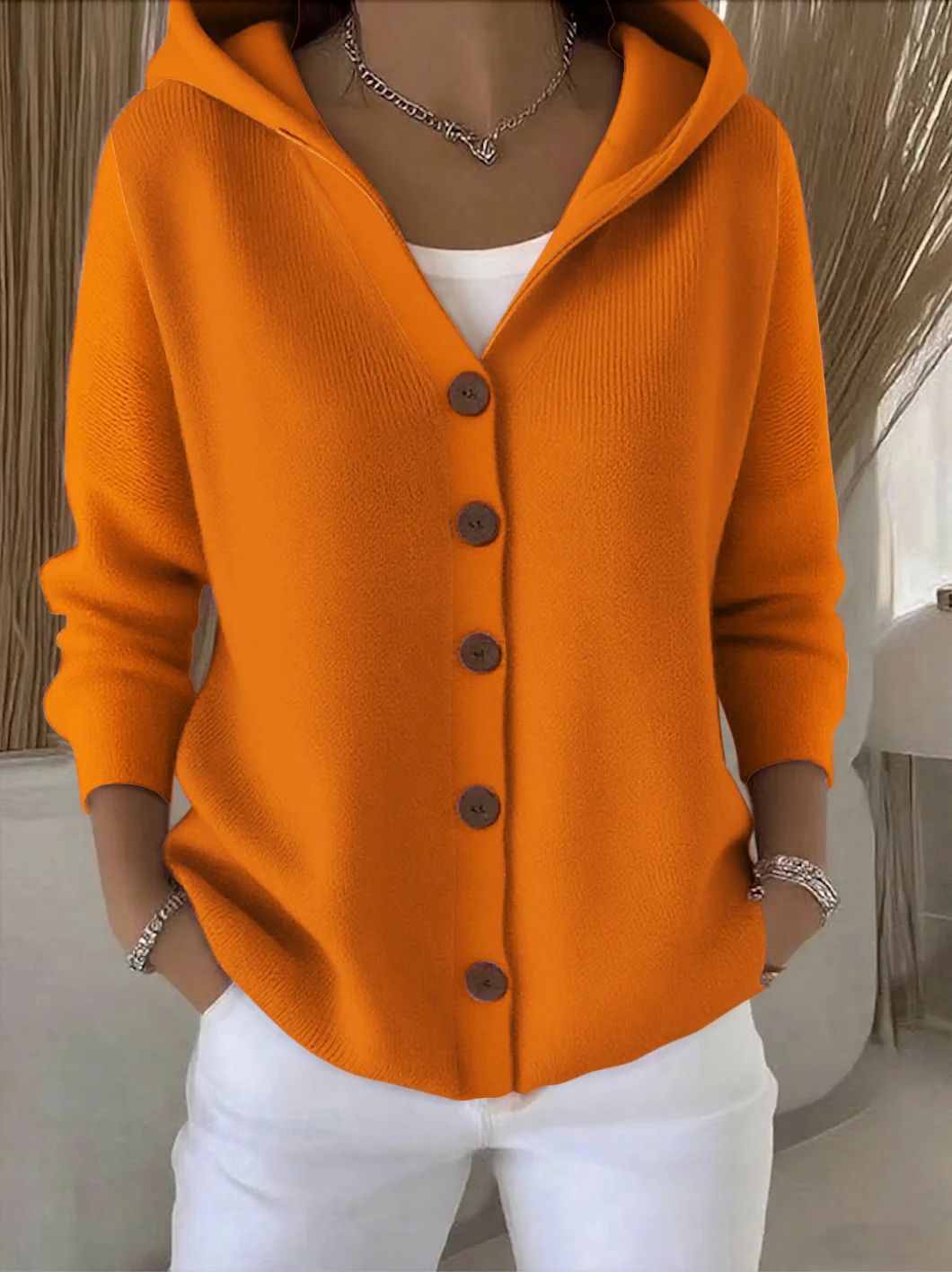 Darienne Hooded Button-Up Knit Cardigan