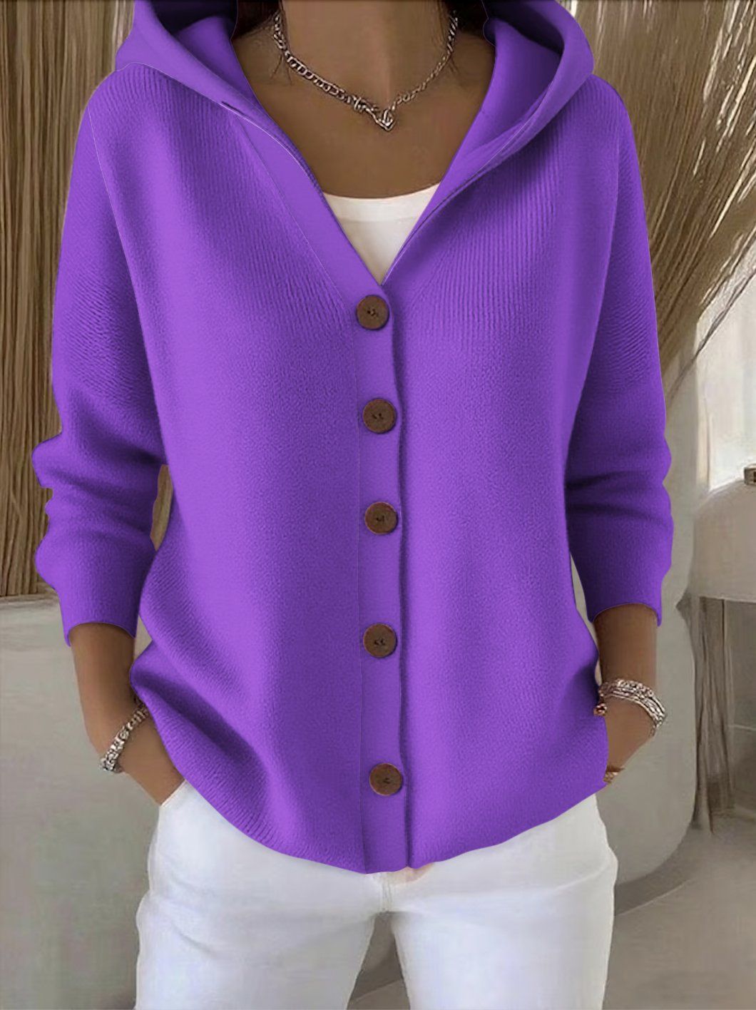 Darienne Hooded Button-Up Knit Cardigan
