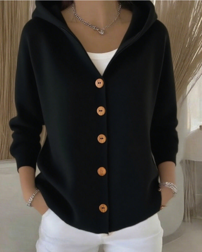 Darienne Hooded Button-Up Knit Cardigan