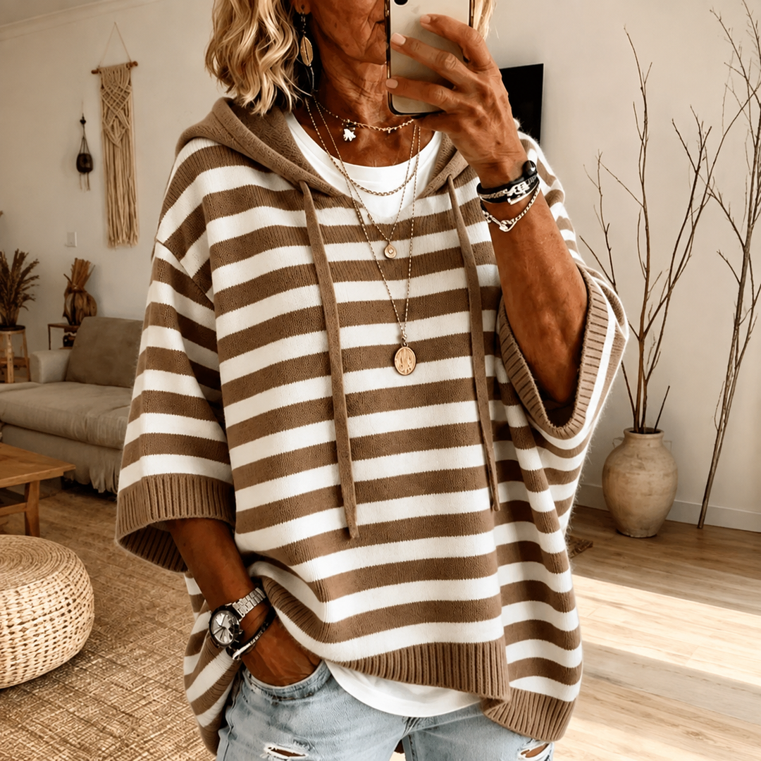 Mathilde | Taupe Striped Poncho Sweater