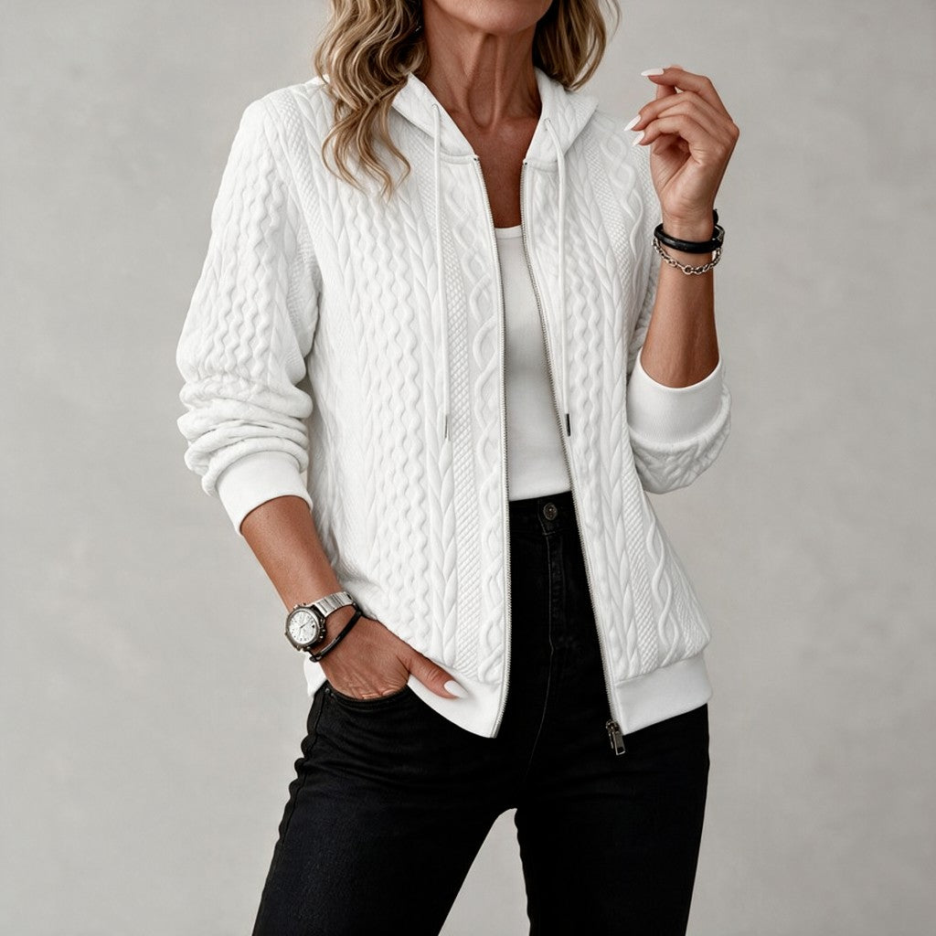 Amara | Textured Cable-Knit Zip-Up Hoodie - White