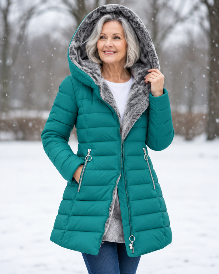 Audrey | Quilted Hooded Winter Coat - Blue Green