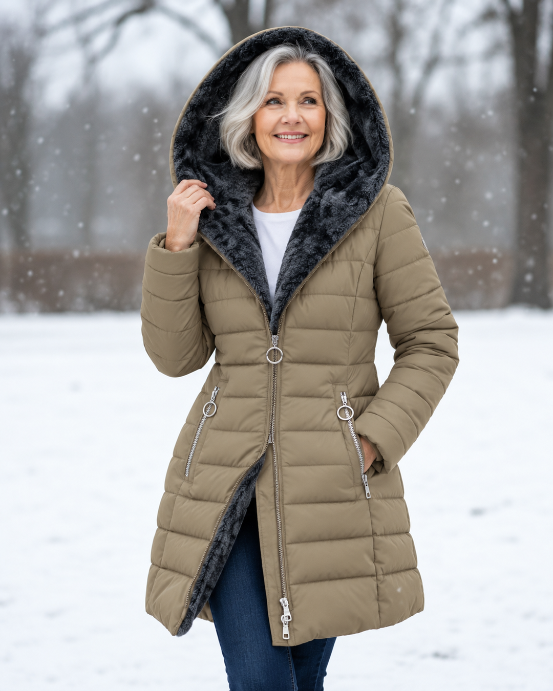 Audrey | Quilted Hooded Winter Coat - Khaki
