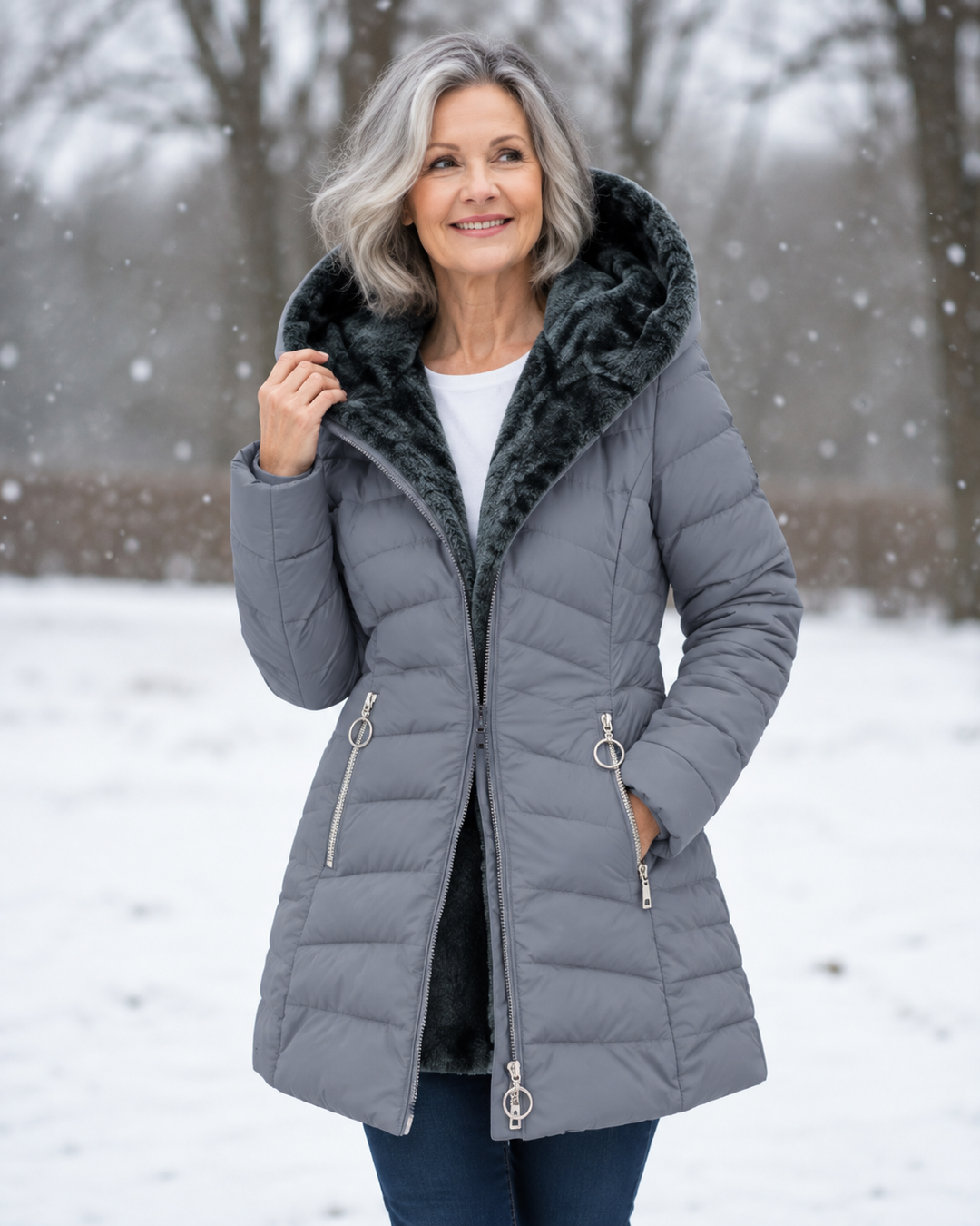 Audrey | Quilted Hooded Winter Coat - Grey