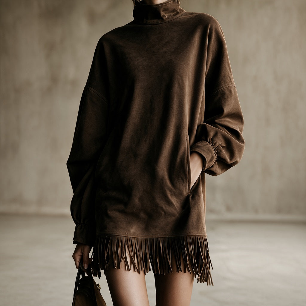 Gabriela | Dress with High Neck and Fringe - Brown