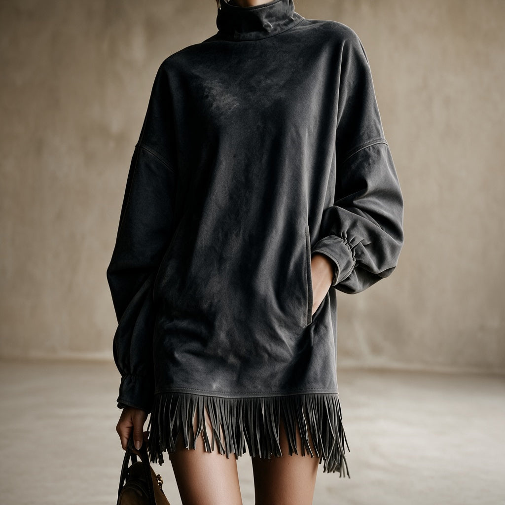 Gabriela | Dress with High Neck and Fringe - Dark Gray