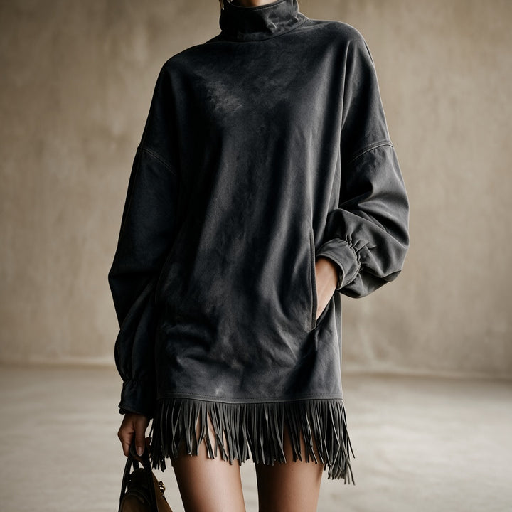 Gabriela | Dress with High Neck and Fringe - Dark Gray