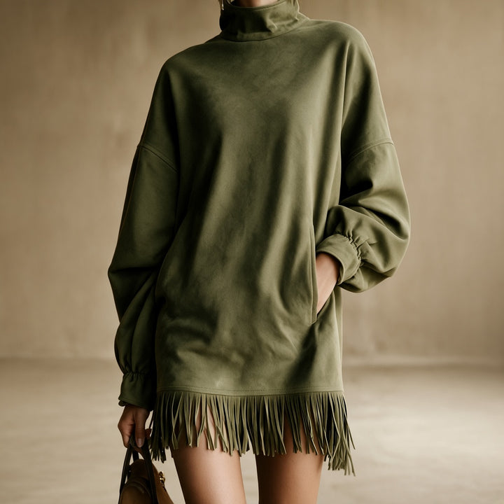 Gabriela | Dress with High Neck and Fringe - Green
