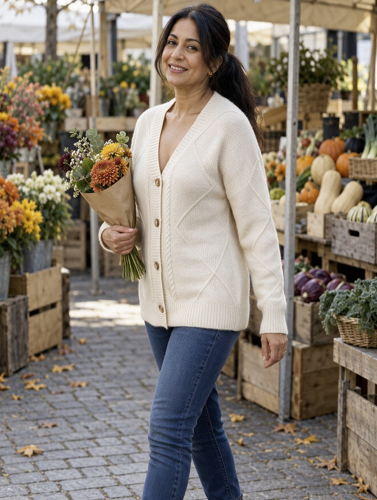 Joyce | Vintage Cable Knit Button Cardigan - Apricot