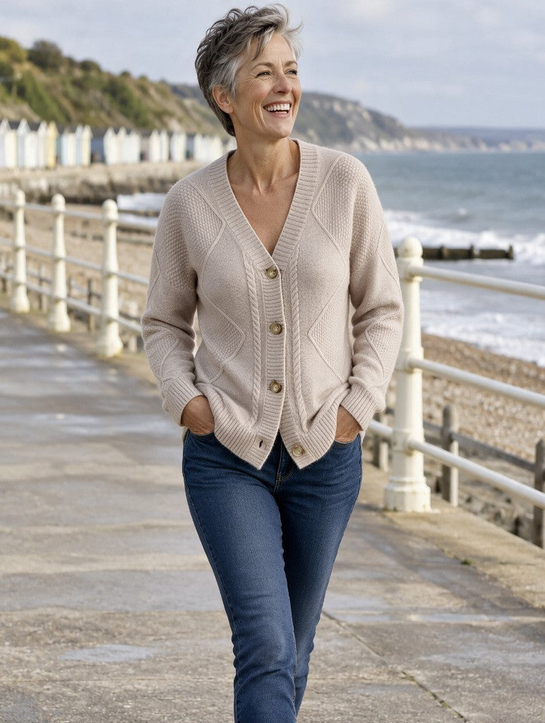 Joyce | Vintage Cable Knit Button Cardigan - Camel