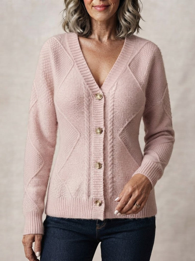 Joyce | Vintage Cable Knit Button Cardigan - Pink