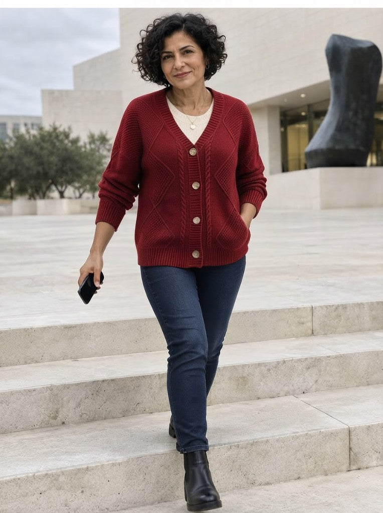 Joyce | Vintage Cable Knit Button Cardigan - Red