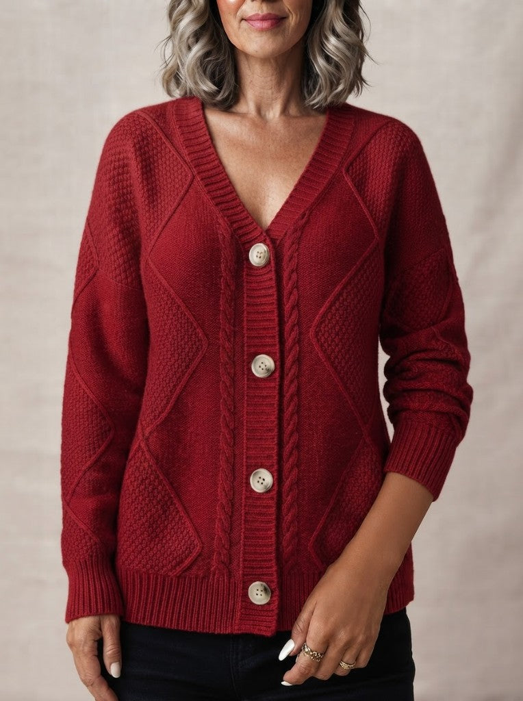 Joyce | Vintage Cable Knit Button Cardigan - Red