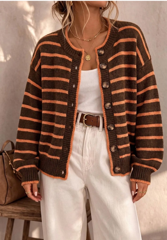 Liora | Striped Knit Cardigan – Brown Orange