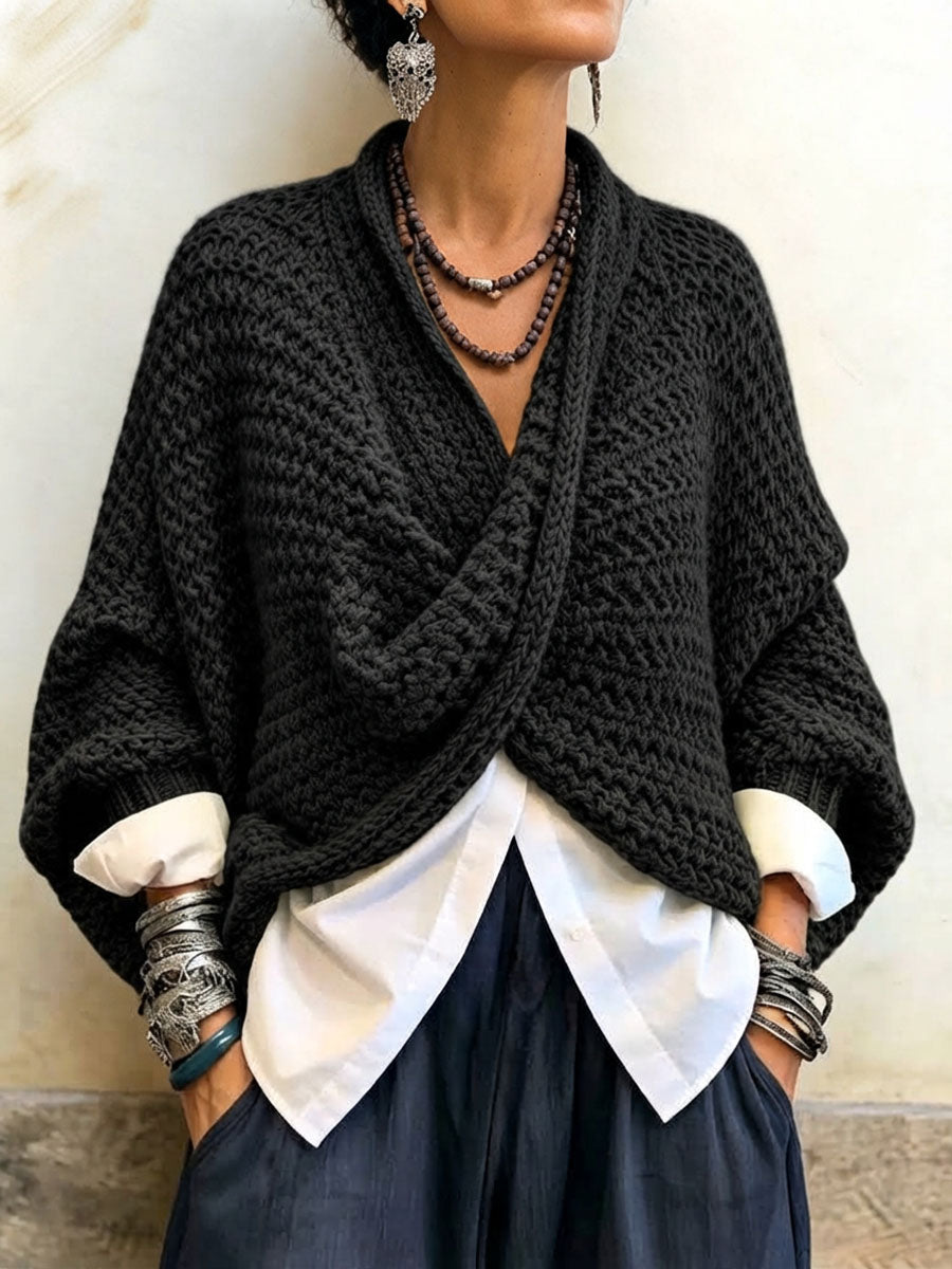 Sienna | Crossover V-Neck Batwing Sweater - Black