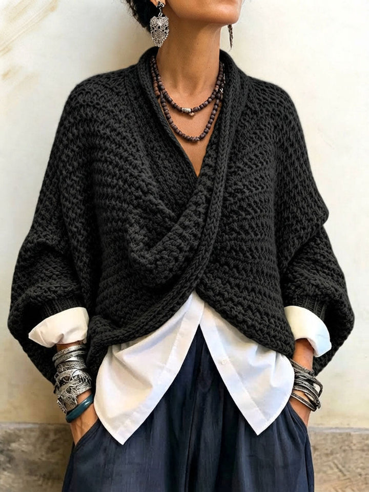 Sienna | Crossover V-Neck Batwing Sweater - Black