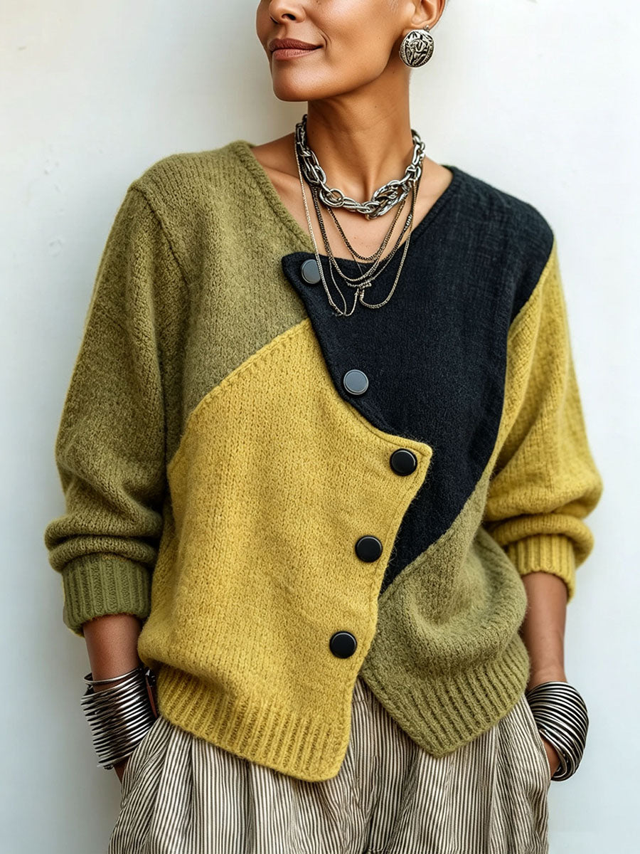 FREYA | Women's Color-Block Asymmetric Button Knit Cardigan