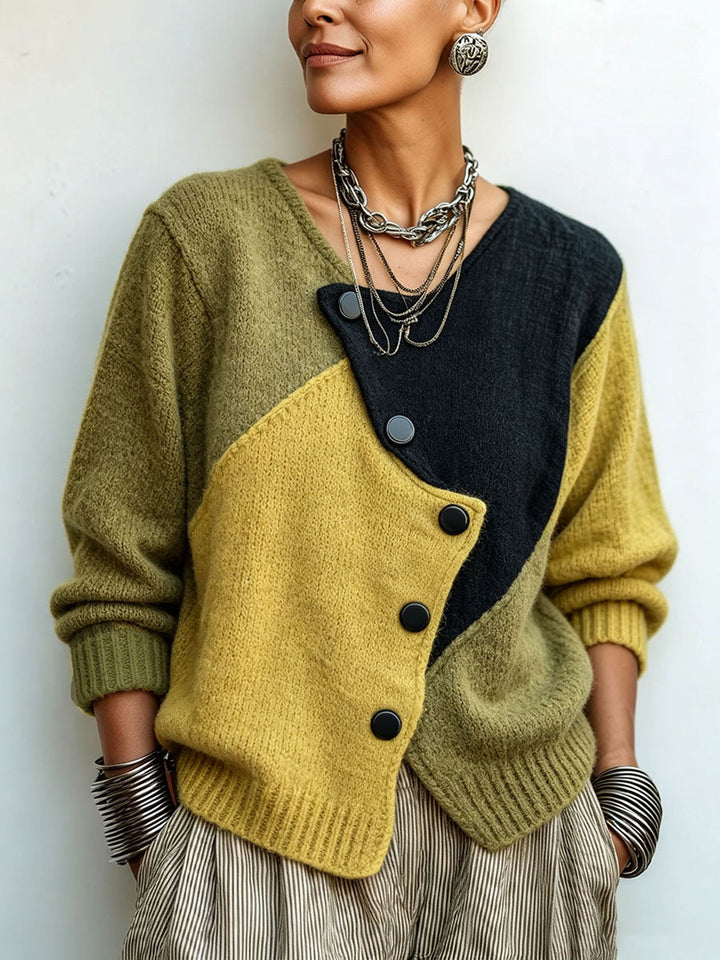 FREYA | Women's Color-Block Asymmetric Button Knit Cardigan