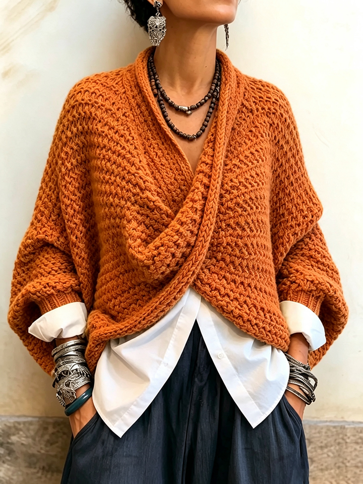 Sienna | Crossover V-Neck Batwing Sweater - Orange