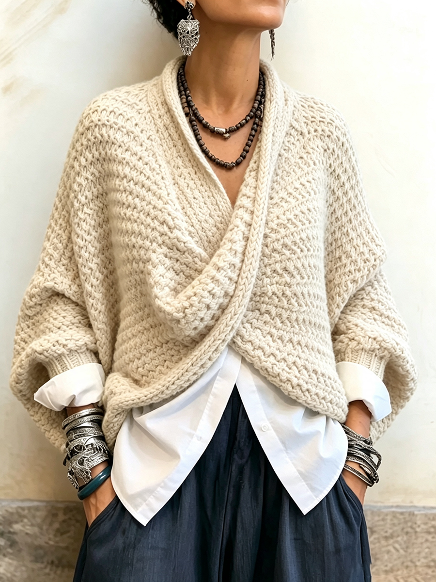 Sienna | Crossover V-Neck Batwing Sweater - Ivory