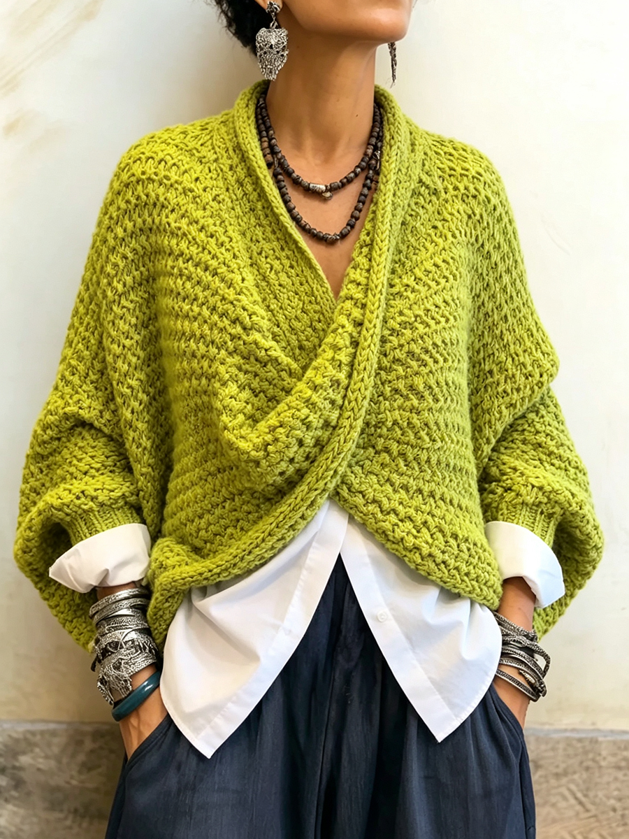 Sienna | Crossover V-Neck Batwing Sweater - Green