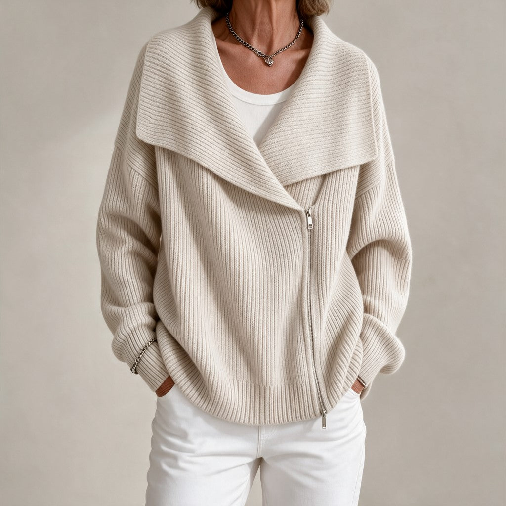 Vivienne | Oversized Collar Ribbed Knit Cardigan - Beige