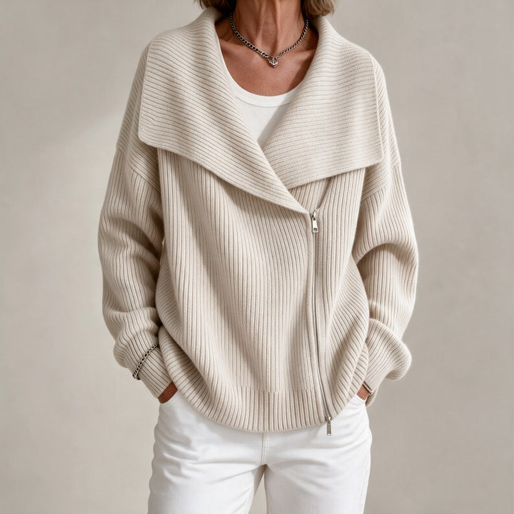 Vivienne | Oversized Collar Ribbed Knit Cardigan - Beige